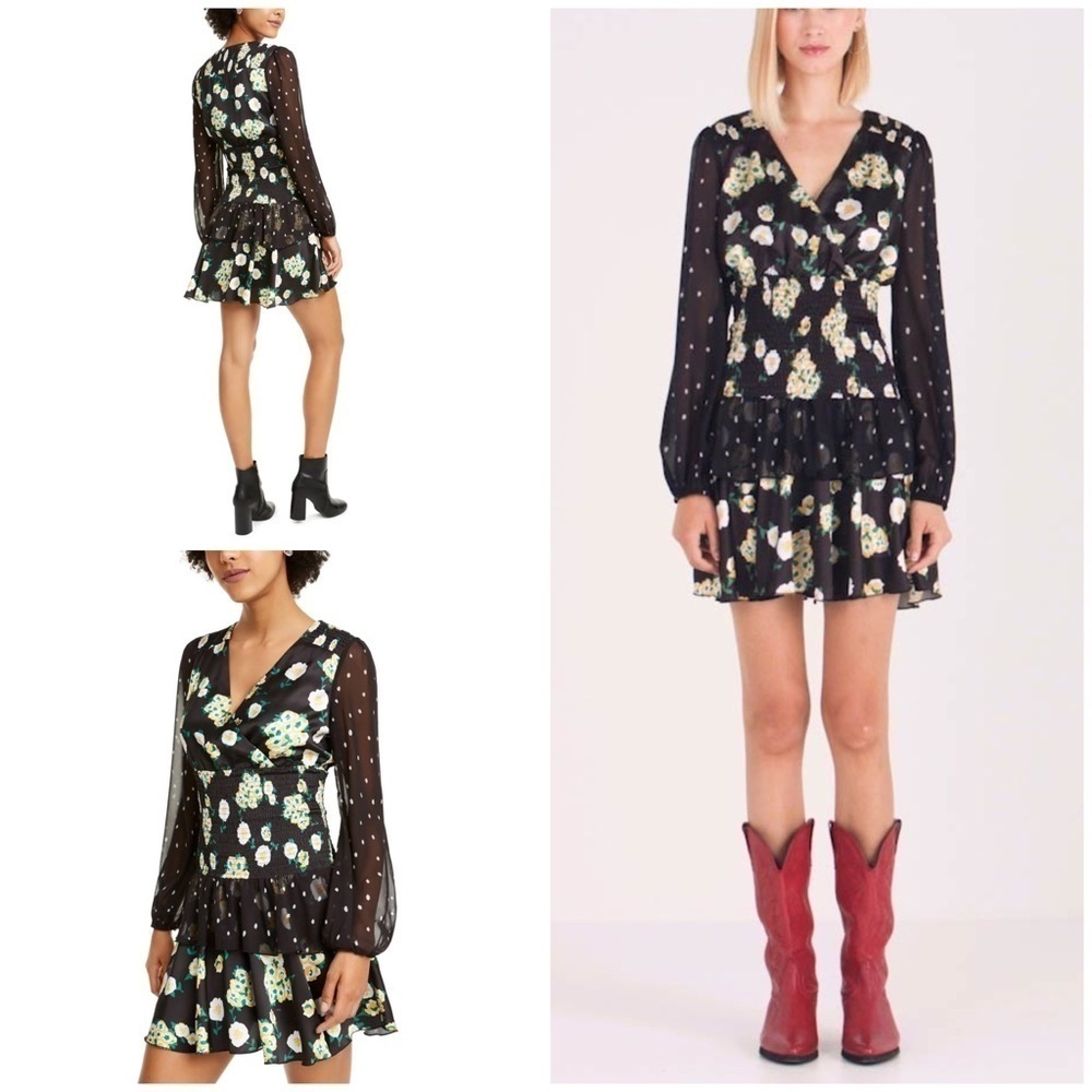 NWT Foxiedox Floral Dots Anemone Smocked Mixed-Print Chiffon Sleeves Dress M‌‌‌